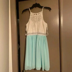 Teal and White Mini Flowy Halter Dress